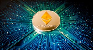 Ethereum coin on a background of blue circuit board pattern. Source: shutterstock.com
