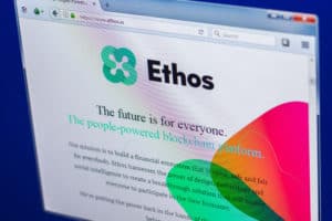 Ryazan, Russia - March 29, 2018 - Homepage of Ethos crypto currency on the display of PC, web address - ethos.io. Source: shutterstock.com
