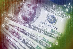 Cyptocurrency or digital money concept image. Double exposure of US Dollar banknotes, and abstract digital code background, Representing the Fintech innovation. Source: shutterstock.com