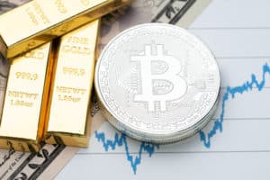 Commodity and alternative asset, gold bar and crypto currency Bitcoin on rising price graph as financial crisis or war safe haven, investment asset or wealth concept. Source; shutterstock.com