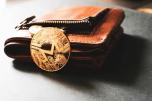 One golden Monero coin leaning against an open leather wallet on a plain surface. Source: shutterstock.com