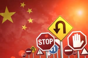 Road stop signs on a background of China flag