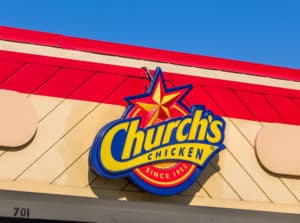 MONROVIA, CAUSA - NOVEMBER 22, 2015 24 Church's Chicken exterior and logo. 2Church's Chicken is a chain of fast food restaurants specializing in fried chicken. - Image