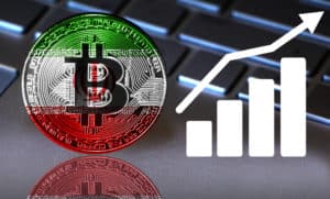 Bitcoin close-up on the keyboard background, the Iran flag is shown on the bitcoin. - Image