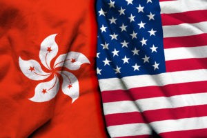 Hong Kong and USA flag on cloth texture - Image