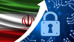 The flag of Iran together with the blue cryptogram and the up arrow with the lock. This concept shows the increased level of security of the crypto currency and blockchain wallets. - Image