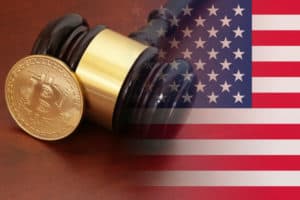 Judge gavel and bitcoin on brown table with usa flag - Image