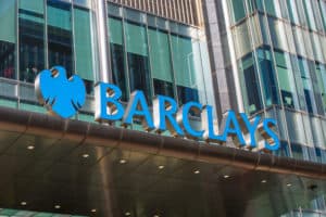 London, UK - March 15, 2017 Barclays bank sign above the main entrance to the bank building in Canary Wharf - Image